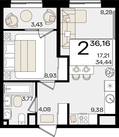 
   Продам 2-комнатную, 36.16 м², Патрики, литер 1.2

. Фото 7.