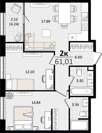 
   Продам 2-комнатную, 61.01 м², Патрики, литер 5.1

. Фото 8.