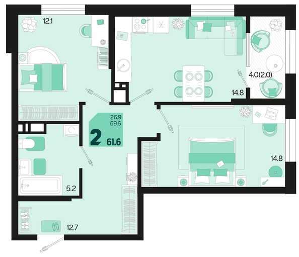 
   Продам 2-комнатную, 61.6 м², Первое место, квартал 1.10, литер 2

. Фото 17.