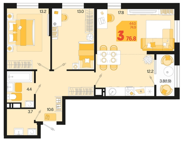 
   Продам 3-комнатную, 76.8 м², Первое место, квартал 1.10, литер 2

. Фото 7.