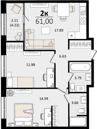 
   Продам 2-комнатную, 61 м², Патрики, литер 2

. Фото 7.