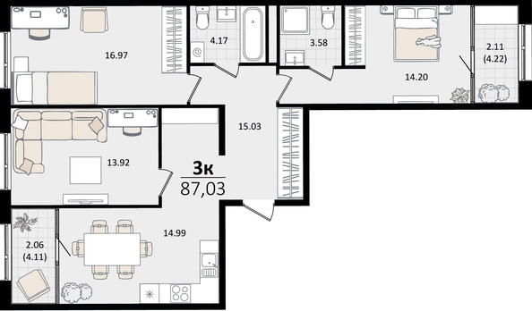 
   Продам 3-комнатную, 87.03 м², Патрики, литер 2

. Фото 7.