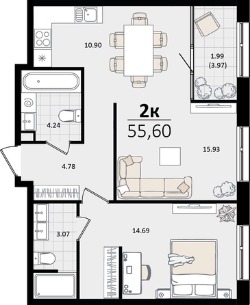 
   Продам 2-комнатную, 55.6 м², Патрики, литер 2

. Фото 8.