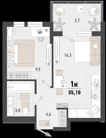 
   Продам 1-комнатную, 35.1 м², Барса, 4В литер

. Фото 1.