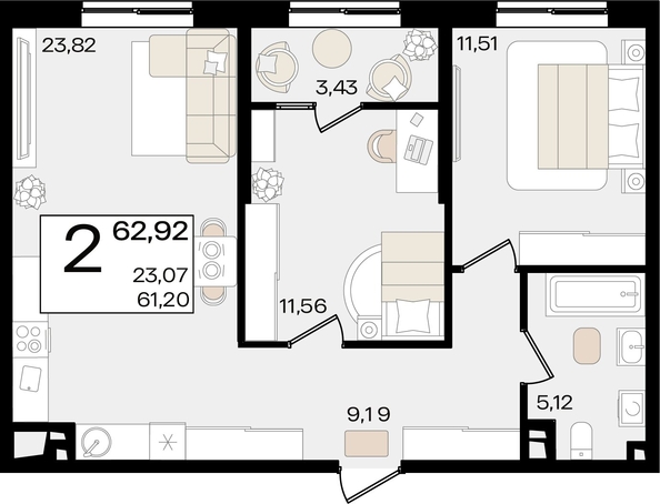 
   Продам 2-комнатную, 62.92 м², Патрики, литер 1.1

. Фото 8.