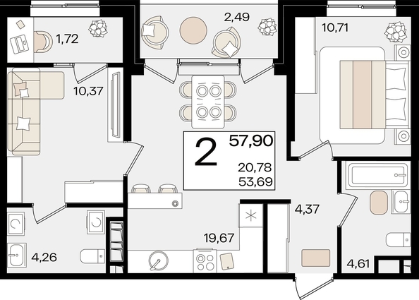 
   Продам 2-комнатную, 57.9 м², Патрики, литер 1.3

. Фото 7.