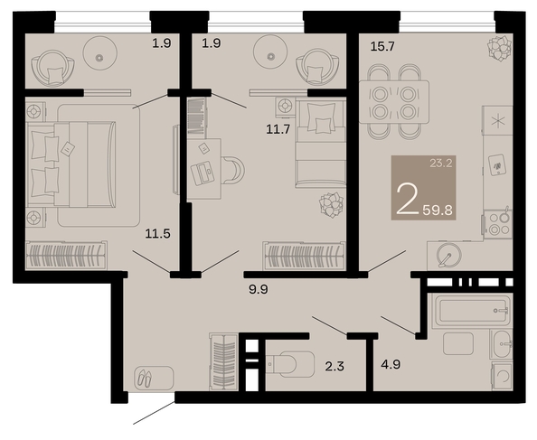 
   Продам 2-комнатную, 59.8 м², Хозяин морей, литер 1

. Фото 12.