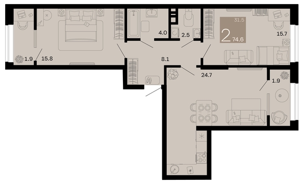 
   Продам 2-комнатную, 74.6 м², Хозяин морей, литер 2

. Фото 1.