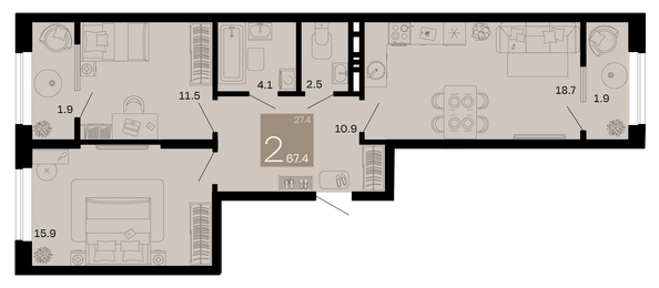 
   Продам 2-комнатную, 67.4 м², Хозяин морей, литер 2

. Фото 1.