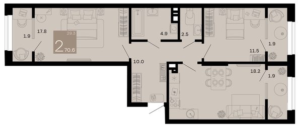 
   Продам 2-комнатную, 70.6 м², Хозяин морей, литер 2

. Фото 1.