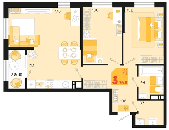 
   Продам 3-комнатную, 76.8 м², Первое место, квартал 1.4, литер 1

. Фото 1.