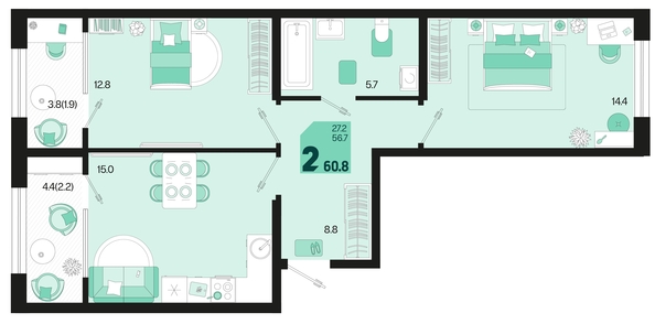 
   Продам 2-комнатную, 60.8 м², Первое место, квартал 1.4, литер 2

. Фото 1.