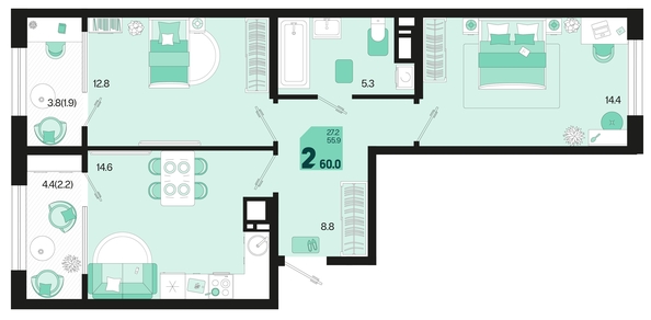 
   Продам 2-комнатную, 60 м², Первое место, квартал 1.4, литер 2

. Фото 1.