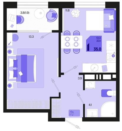 
   Продам 1-комнатную, 35 м², Первое место, квартал 1.4, литер 2

. Фото 1.