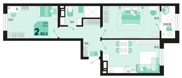 
   Продам 2-комнатную, 60.3 м², Первое место, квартал 1.4, литер 2

. Фото 1.