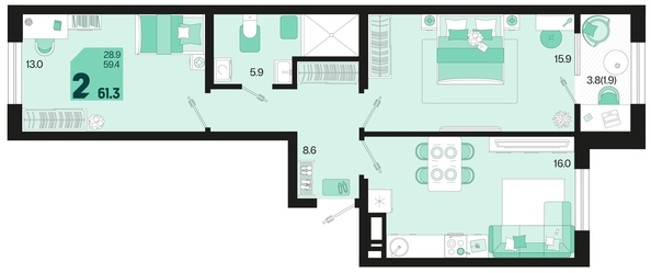 
   Продам 2-комнатную, 61.3 м², Первое место, квартал 1.4, литер 2

. Фото 1.