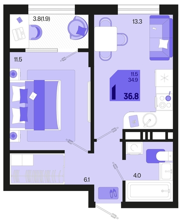 
   Продам 1-комнатную, 36.8 м², Первое место, квартал 1.4, литер 2

. Фото 1.