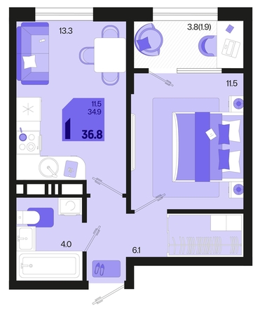 
   Продам 1-комнатную, 36.8 м², Первое место, квартал 1.4, литер 2

. Фото 1.