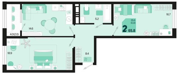 
   Продам 2-комнатную, 65.8 м², Первое место, квартал 1.4, литер 2

. Фото 1.