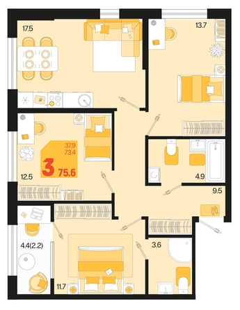 
   Продам 3-комнатную, 75.6 м², Первое место, квартал 1.4, литер 2

. Фото 1.