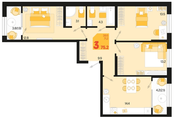 
   Продам 3-комнатную, 75.2 м², Первое место, квартал 1.4, литер 2

. Фото 1.