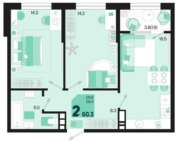 
   Продам 2-комнатную, 60.3 м², Первое место, квартал 1.4, литер 2

. Фото 1.