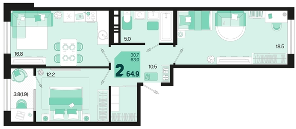 
   Продам 2-комнатную, 64.9 м², Первое место, квартал 1.4, литер 2

. Фото 1.