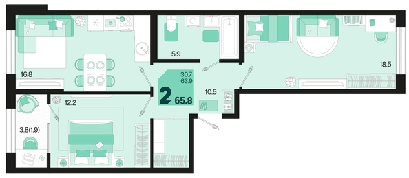 
   Продам 2-комнатную, 65.8 м², Первое место, квартал 1.4, литер 2

. Фото 1.