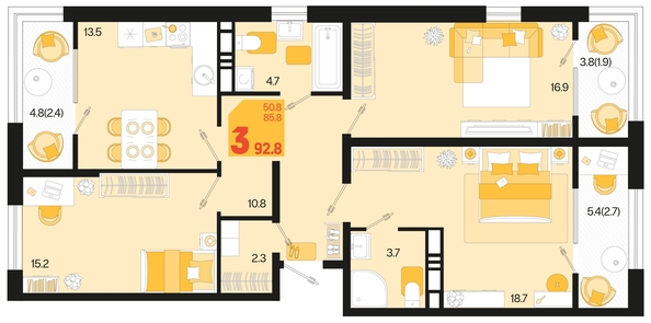 
   Продам 3-комнатную, 92.8 м², Первое место, квартал 1.4, литер 2

. Фото 1.