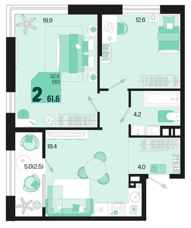 
   Продам 2-комнатную, 61.6 м², Первое место, квартал 1.5, литер 1

. Фото 1.