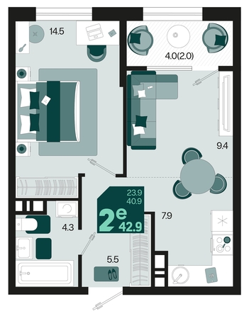 
   Продам 2-комнатную, 42.9 м², Первое место, квартал 1.5, литер 1

. Фото 12.