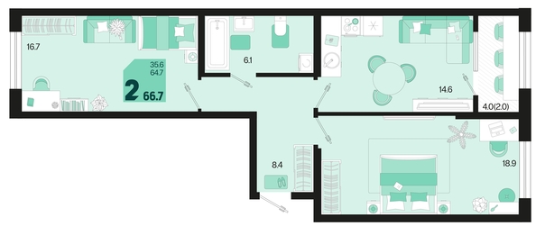 
   Продам 2-комнатную, 66.7 м², Первое место, квартал 1.5, литер 1

. Фото 1.