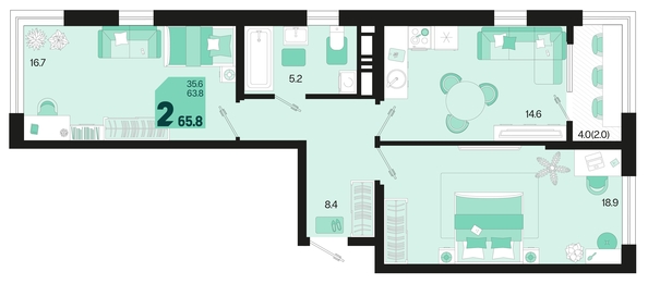 
   Продам 2-комнатную, 65.8 м², Первое место, квартал 1.5, литер 1

. Фото 1.