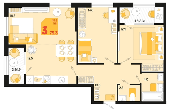 
   Продам 3-комнатную, 79.3 м², Первое место, квартал 1.5, литер 1

. Фото 1.