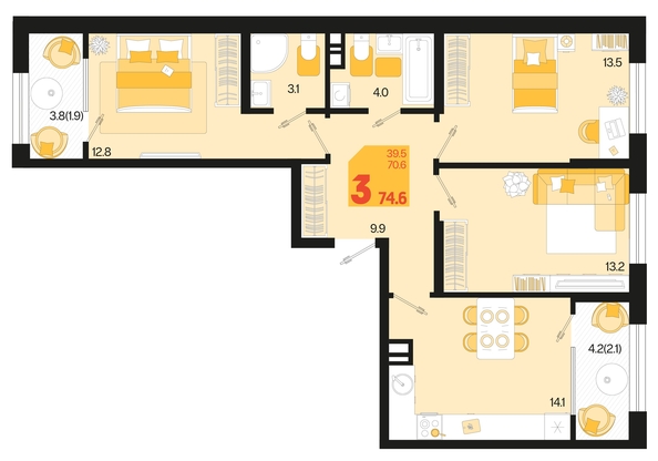 
   Продам 3-комнатную, 74.6 м², Первое место, квартал 1.5, литер 1

. Фото 1.