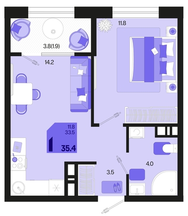 
   Продам 1-комнатную, 35.4 м², Первое место, квартал 1.5, литер 1

. Фото 1.