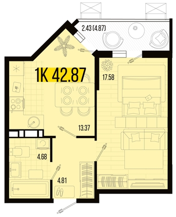 
   Продам 1-комнатную, 42.87 м², Цветной бульвар, литер 4

. Фото 4.