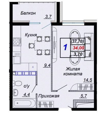 
   Продам 1-комнатную, 37.7 м², Российская ул, уч12

. Фото 10.