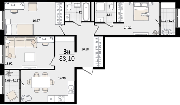 
   Продам 3-комнатную, 88.1 м², Патрики, литер 4.1

. Фото 7.