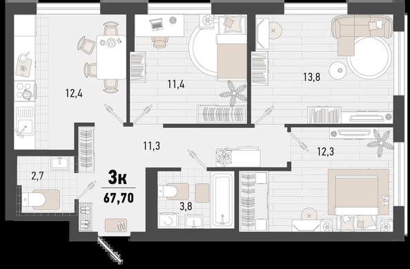 
   Продам 3-комнатную, 67.7 м², Барса, 4В литер

. Фото 12.