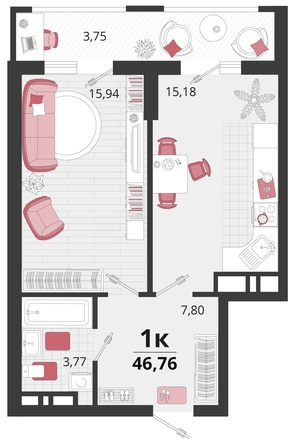 
   Продам 1-комнатную, 46.76 м², Родные просторы, литера 15

. Фото 4.