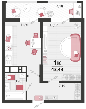 
   Продам 1-комнатную, 43.43 м², Родные просторы, литера 13

. Фото 8.