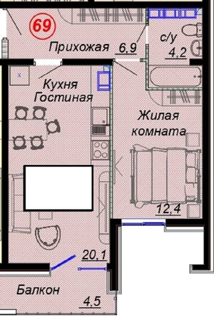 
   Продам 2-комнатную, 48.1 м², Российская ул, уч12

. Фото 2.