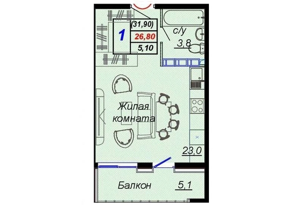 
   Продам 1-комнатную, 31.9 м², Российская ул, уч12

. Фото 2.