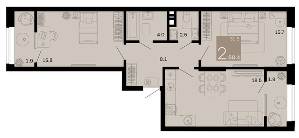 
   Продам 2-комнатную, 68.4 м², Хозяин морей, литер 1

. Фото 6.