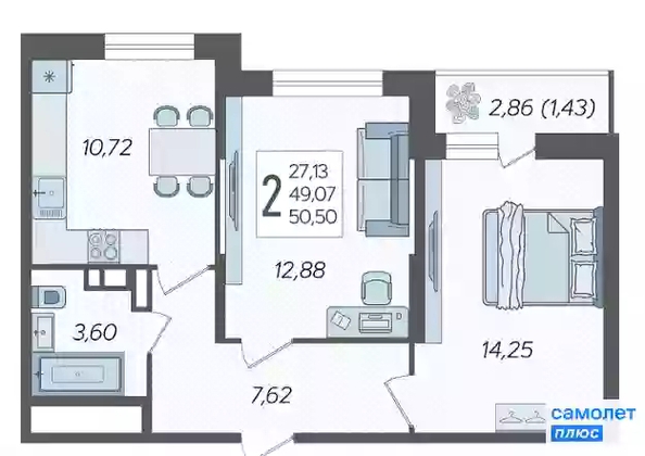 
   Продам 2-комнатную, 50.5 м², Смородина, литера 14

. Фото 21.