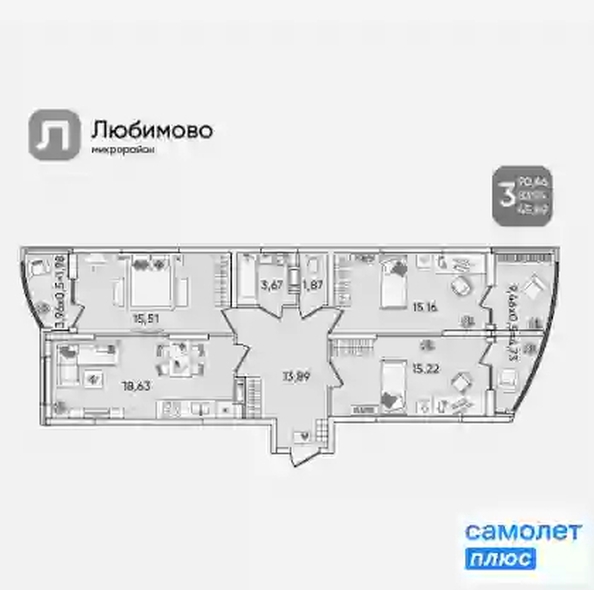 
   Продам 3-комнатную, 90.7 м², Любимово мкр, 11А

. Фото 5.