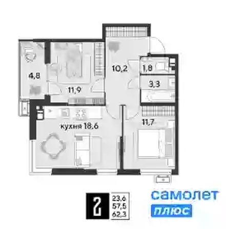 
   Продам 2-комнатную, 62.3 м², Парк Победы 2, литера 19

. Фото 6.