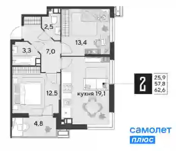 
   Продам 2-комнатную, 62.6 м², Парк Победы 2, литера 19

. Фото 6.