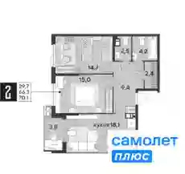 
   Продам 2-комнатную, 70.1 м², Парк Победы 2, литера 19

. Фото 6.